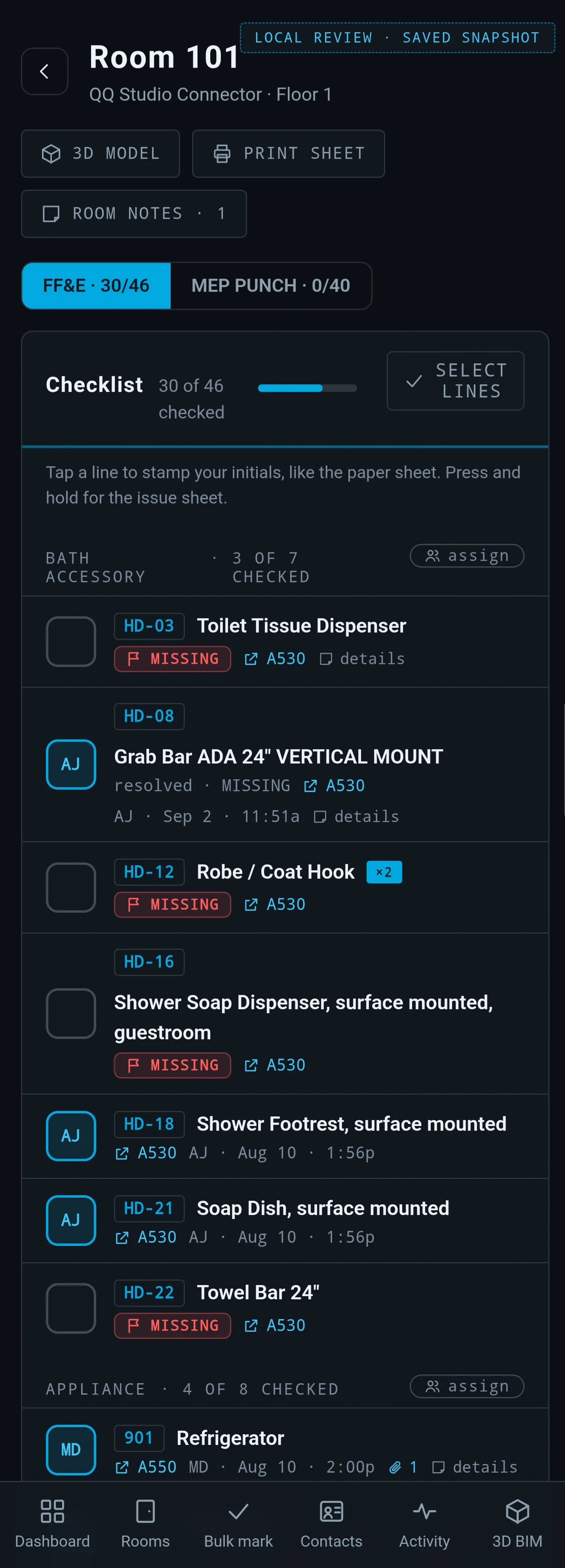 A tall phone screen for Room 101 with buttons for 3D model, print sheet and room notes, an FF&E tab at 30 of 46, and checklist rows for bath accessories and appliances showing initials, times, drawing references and red MISSING flags.