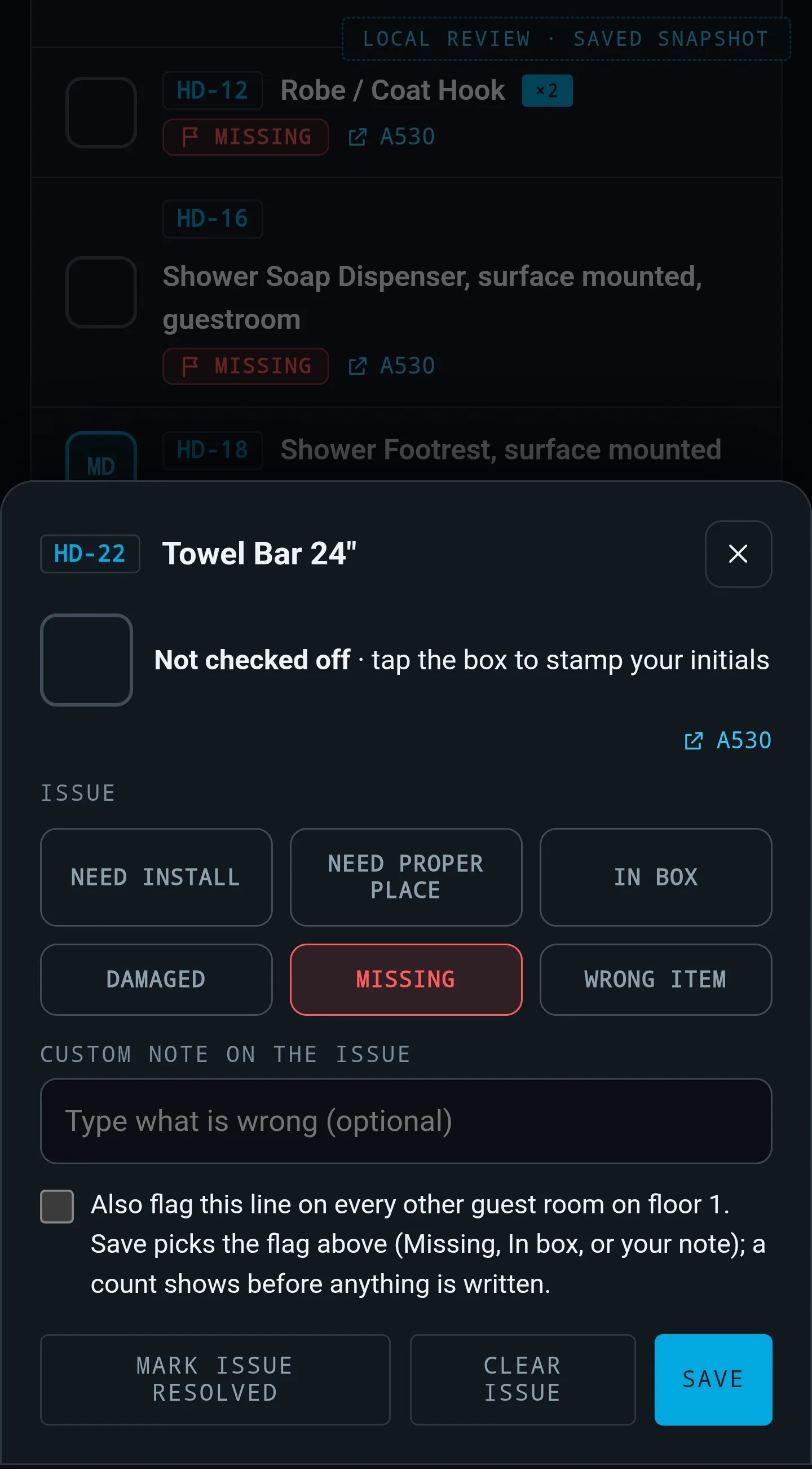 A phone bottom sheet for item HD-22, Towel Bar 24 inch, with an initials box, issue buttons (need install, need proper place, in box, damaged, missing, wrong item) with Missing selected, a note field, an option to flag every guest room on floor 1, and Save.