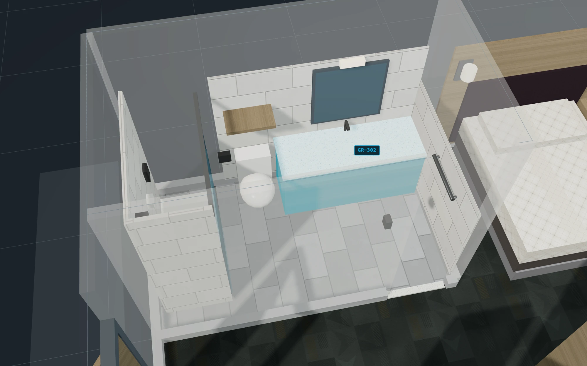 A cutaway 3D view looking down into a hotel guest bathroom: a vanity highlighted in light blue with a white speckled counter, a black faucet and a mirror above it, a small tag reading GR-302 on the counter, a toilet and a glass shower to its left, a wood shelf on the tiled back wall, and part of a queen bed beyond the right wall.