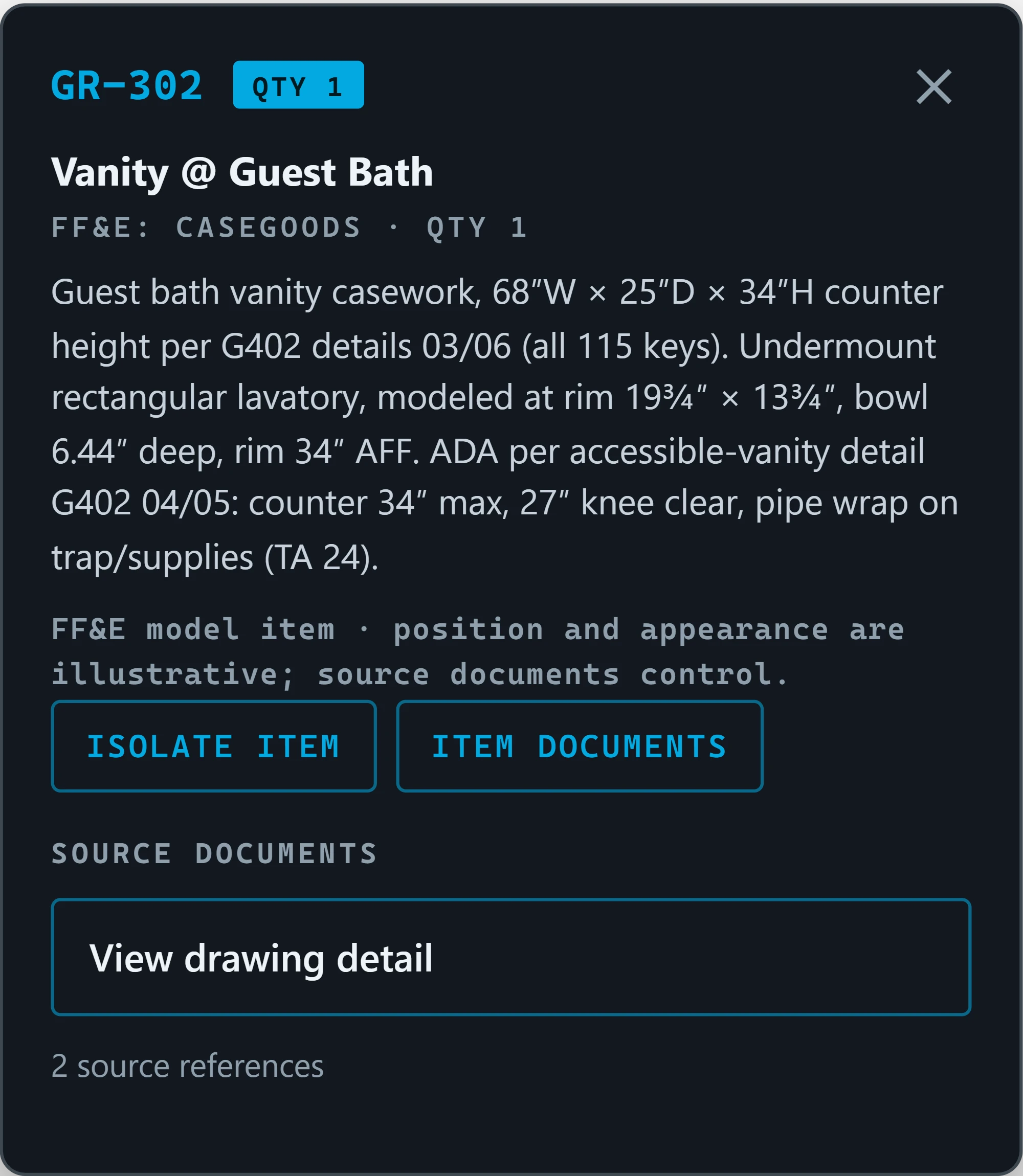 A dark item card headed GR-302, QTY 1, Vanity @ Guest Bath, FF&E casegoods, quantity 1. The description gives the vanity as 68 inches wide, 25 deep and 34 high per G402 details 03 and 06, an undermount rectangular lavatory with its modeled rim and bowl sizes, and the ADA counter height and knee clearance. Below are a note that model position and appearance are illustrative and the source documents control, Isolate item and Item documents buttons, and a View drawing detail link with 2 source references.