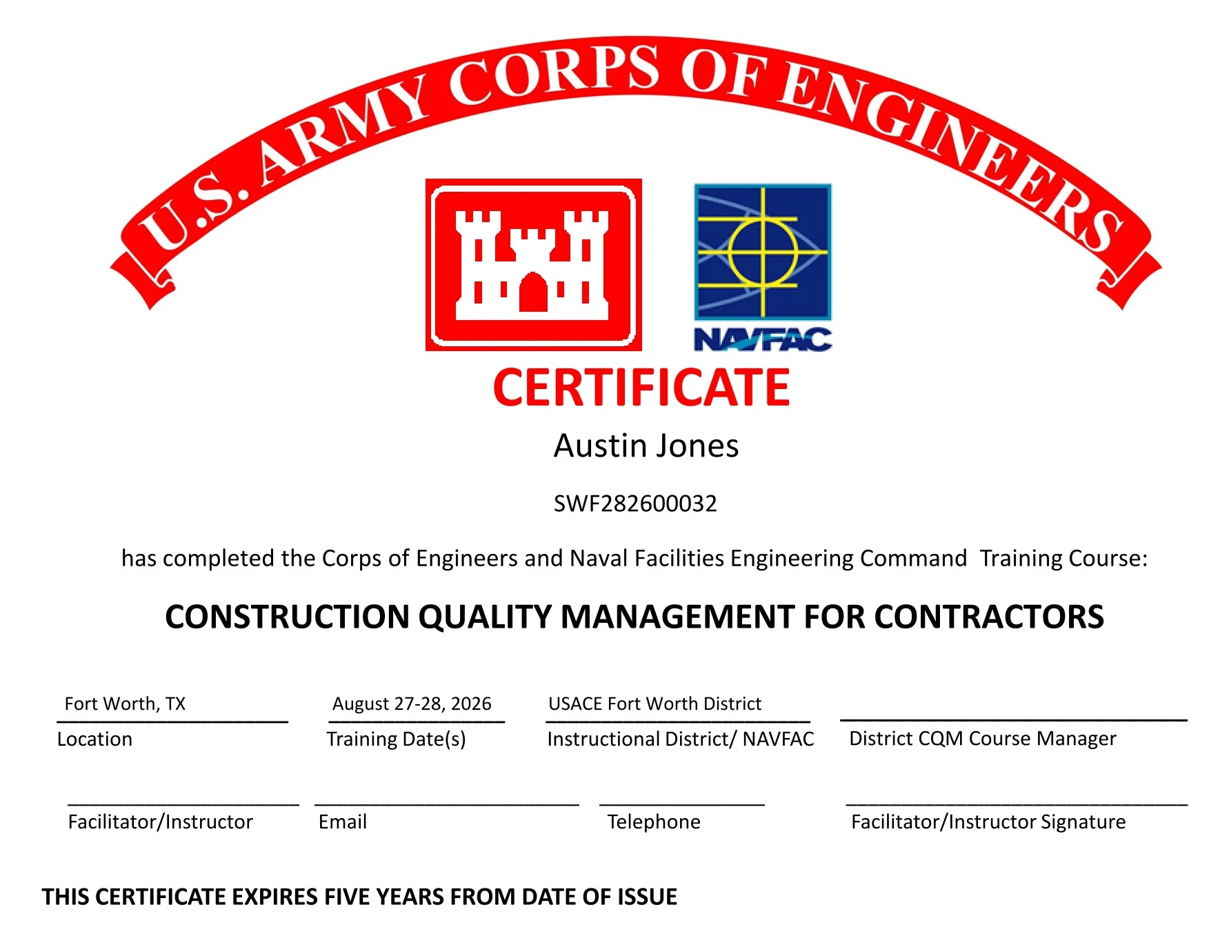 U.S. Army Corps of Engineers certificate with the USACE castle and NAVFAC logos, stating that Austin Jones completed Construction Quality Management for Contractors, with location, training dates and district filled in and the instructor name, contact and signature fields removed for privacy.